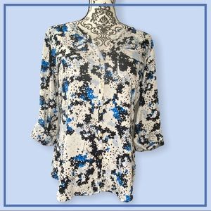 New York & Company Long Sleeve V-Neck Blouse Blue & White Women's Size Medium